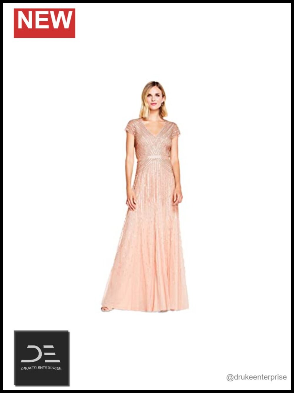 Long Beaded V-Neck Dress with Cap Sleeves and Waistband